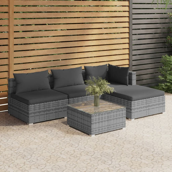 5-tlg. Garten-Lounge-Set mit Kissen Poly Rattan Grau