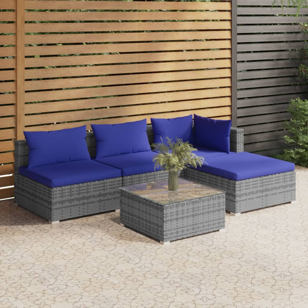 5-tlg. Garten-Lounge-Set mit Kissen Poly Rattan Grau