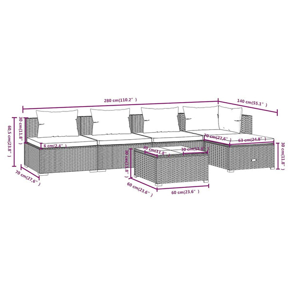 6-tlg. Garten-Lounge-Set mit Auflagen Poly Rattan Braun