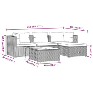 5-tlg. Garten-Lounge-Set mit Kissen Poly Rattan Grau
