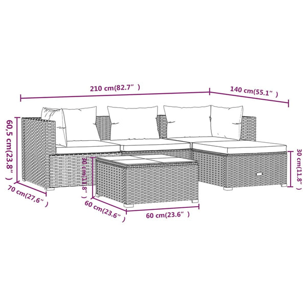 5-tlg. Garten-Lounge-Set mit Kissen Poly Rattan Grau
