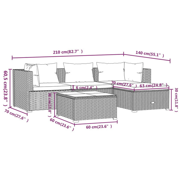5-tlg. Garten-Lounge-Set mit Kissen Poly Rattan Grau