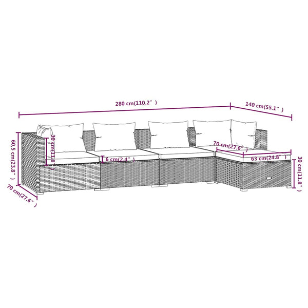 5-tlg. Garten-Lounge-Set mit Kissen Poly Rattan Schwarz