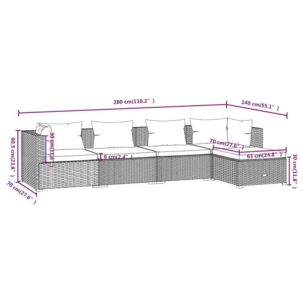 5-tlg. Garten-Lounge-Set mit Kissen Poly Rattan Grau