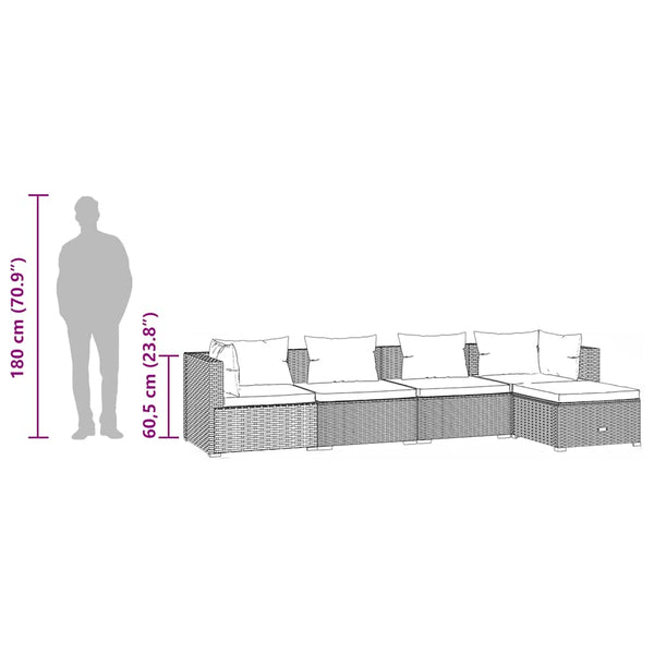 5-tlg. Garten-Lounge-Set mit Kissen Poly Rattan Grau