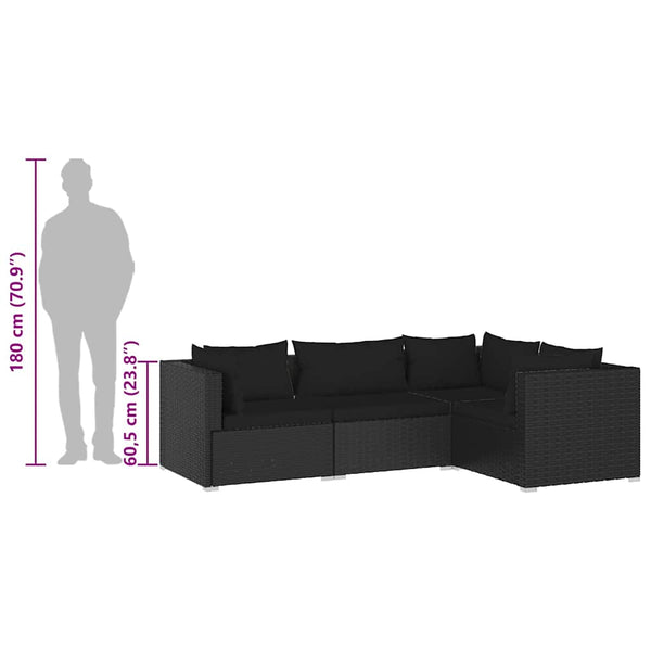 4-tlg. Garten-Lounge-Set mit Kissen Poly Rattan Schwarz