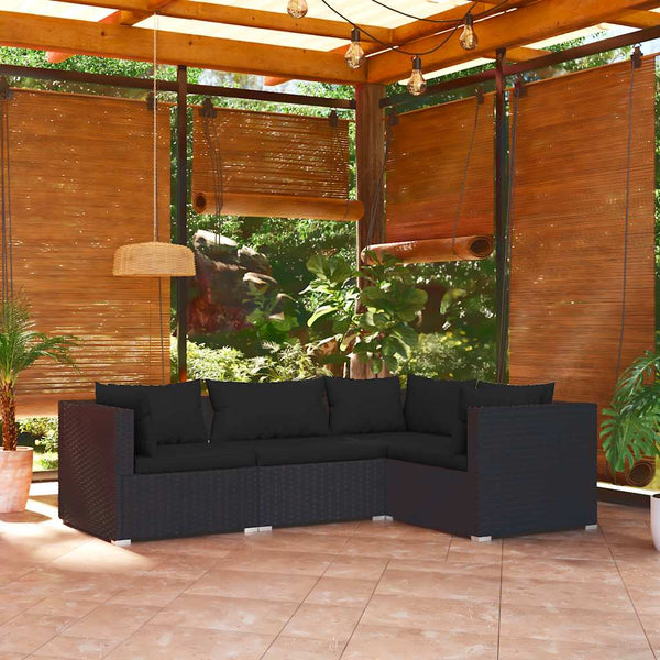 4-tlg. Garten-Lounge-Set mit Kissen Poly Rattan Schwarz