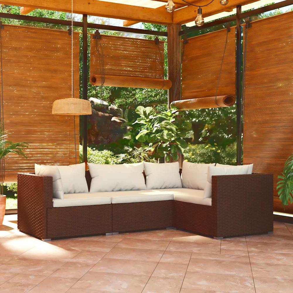 vidaXL Salon de jardin 4 pcs avec coussins résine tressée marron