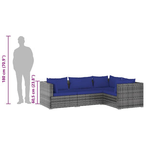 4-tlg. Garten-Lounge-Set mit Kissen Poly Rattan Grau