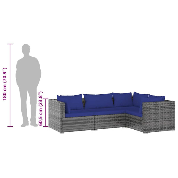 4-tlg. Garten-Lounge-Set mit Kissen Poly Rattan Grau