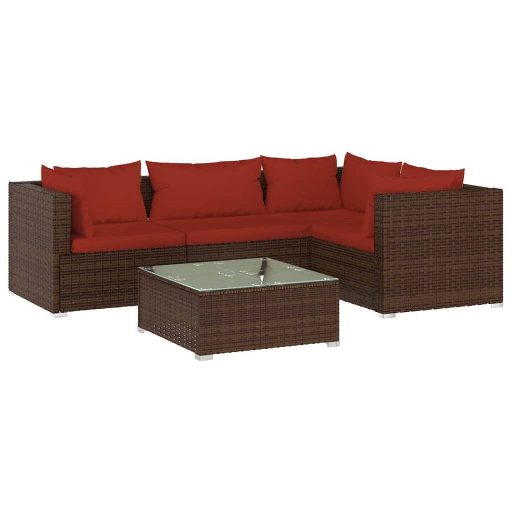 vidaXL Salon de jardin 5 pcs avec coussins résine tressée Marron
