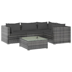 5-tlg. Garten-Lounge-Set mit Kissen Poly Rattan Grau