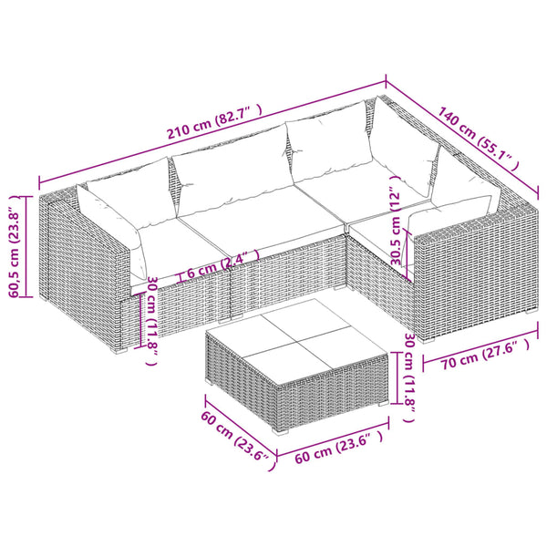 5-tlg. Garten-Lounge-Set mit Kissen Poly Rattan Grau