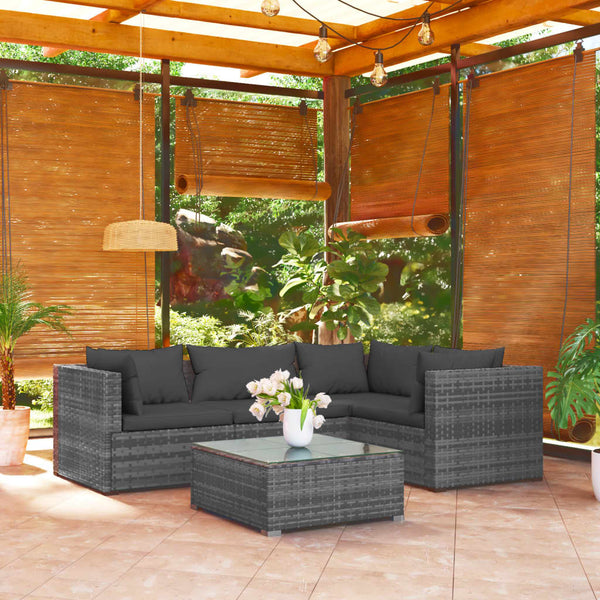 5-tlg. Garten-Lounge-Set mit Kissen Poly Rattan Grau