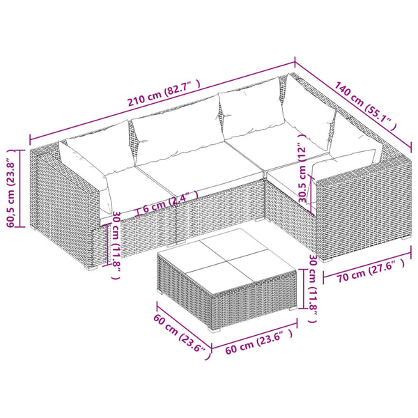 5-tlg. Garten-Lounge-Set mit Kissen Poly Rattan Grau
