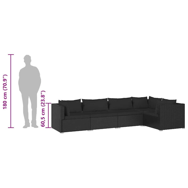 5-tlg. Garten-Lounge-Set mit Kissen Poly Rattan Schwarz