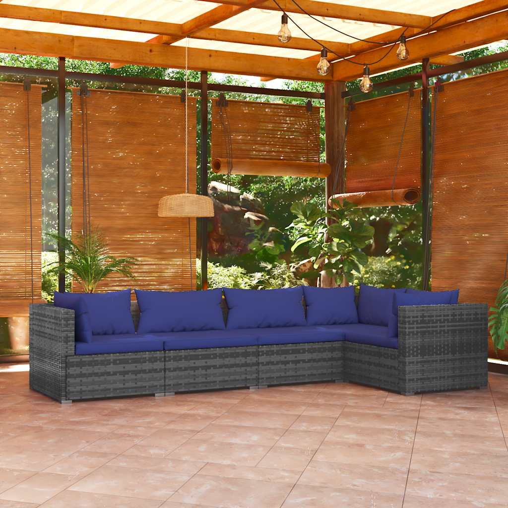 5-tlg. Garten-Lounge-Set mit Kissen Poly Rattan Grau