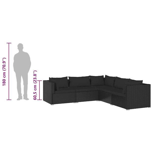 5-tlg. Garten-Lounge-Set mit Kissen Poly Rattan Schwarz