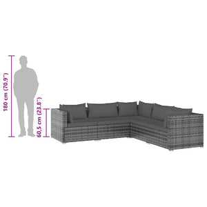 5-tlg. Garten-Lounge-Set mit Kissen Poly Rattan Grau