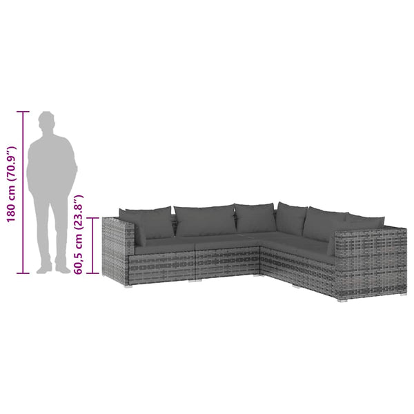 5-tlg. Garten-Lounge-Set mit Kissen Poly Rattan Grau