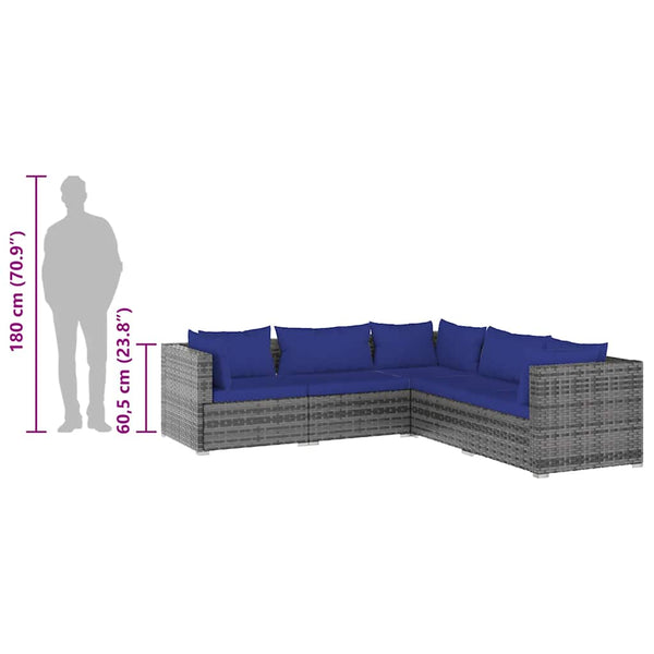 5-tlg. Garten-Lounge-Set mit Kissen Poly Rattan Grau
