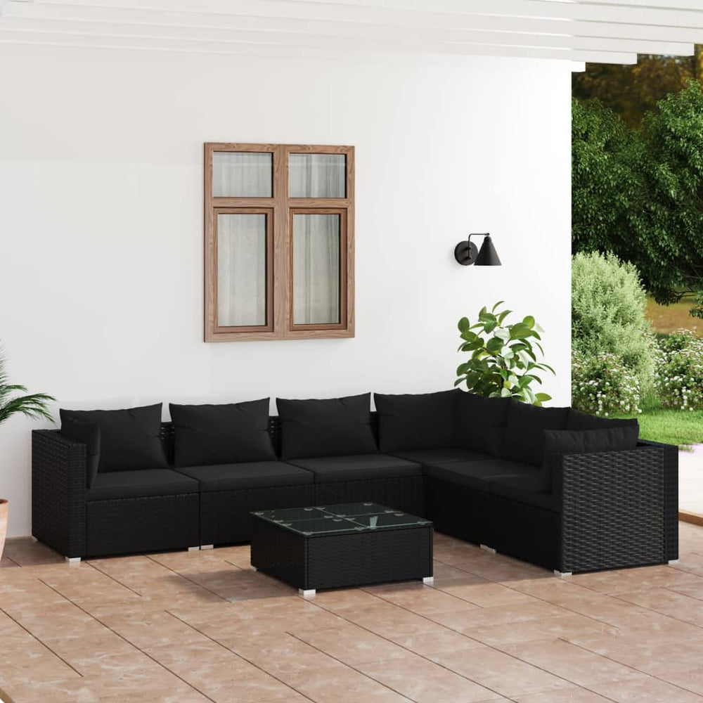 vidaXL Salon de jardin 7 pièces avec coussins résine tressée noir