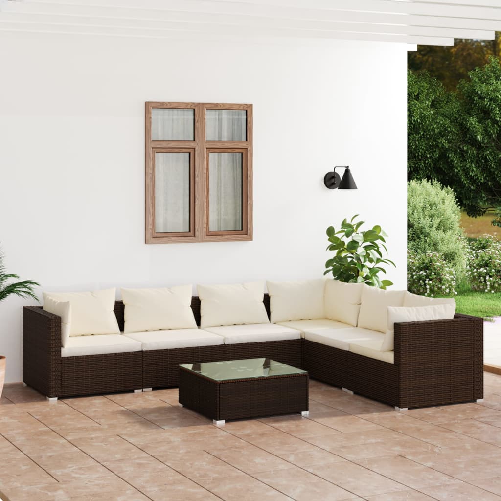 7-tlg. Garten-Lounge-Set mit Kissen Poly Rattan Braun