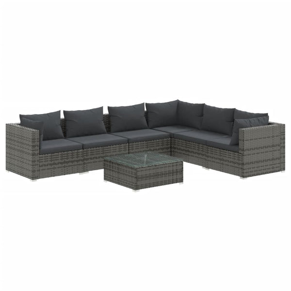 7-tlg. Garten-Lounge-Set mit Kissen Poly Rattan Grau
