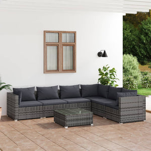 7-tlg. Garten-Lounge-Set mit Kissen Poly Rattan Grau
