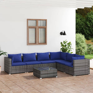 7-tlg. Garten-Lounge-Set mit Kissen Poly Rattan Grau