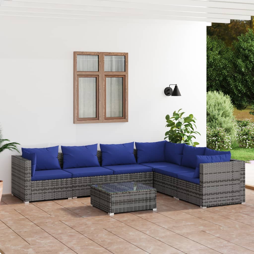 7-tlg. Garten-Lounge-Set mit Kissen Poly Rattan Grau