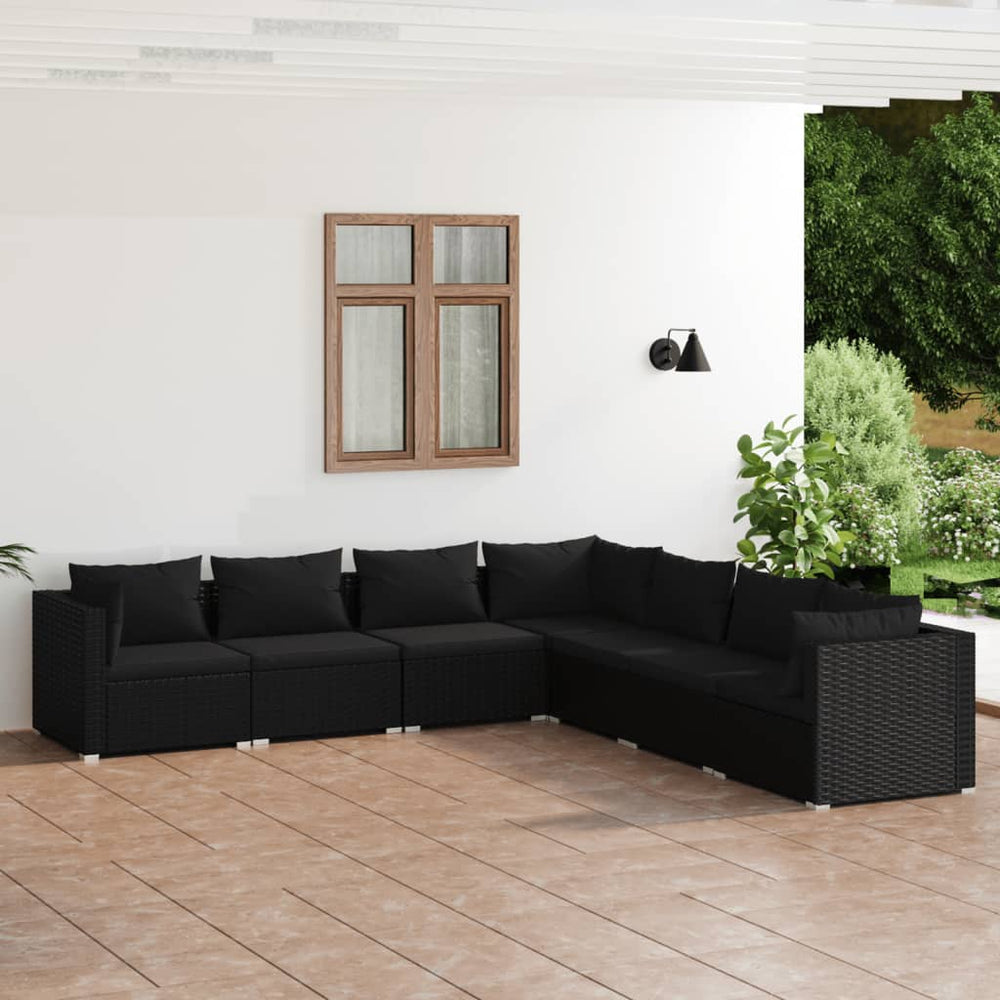 vidaXL Salon de jardin 7 pièces avec coussins résine tressée noir