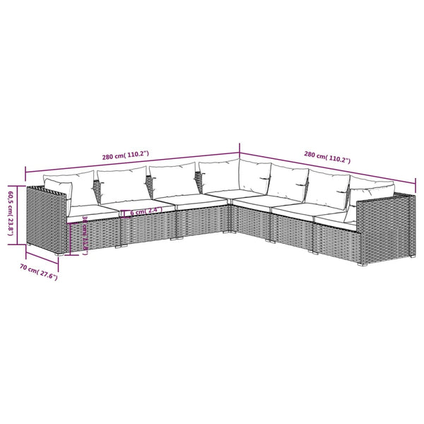 7-tlg. Garten-Lounge-Set mit Kissen Poly Rattan Grau