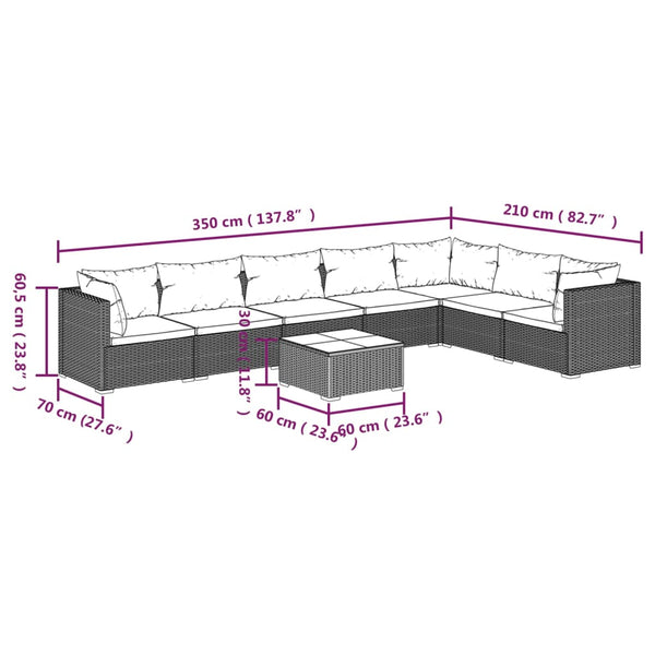 8-tlg. Garten-Lounge-Set mit Kissen Poly Rattan Grau