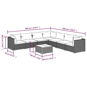 8-tlg. Garten-Lounge-Set mit Kissen Poly Rattan Grau