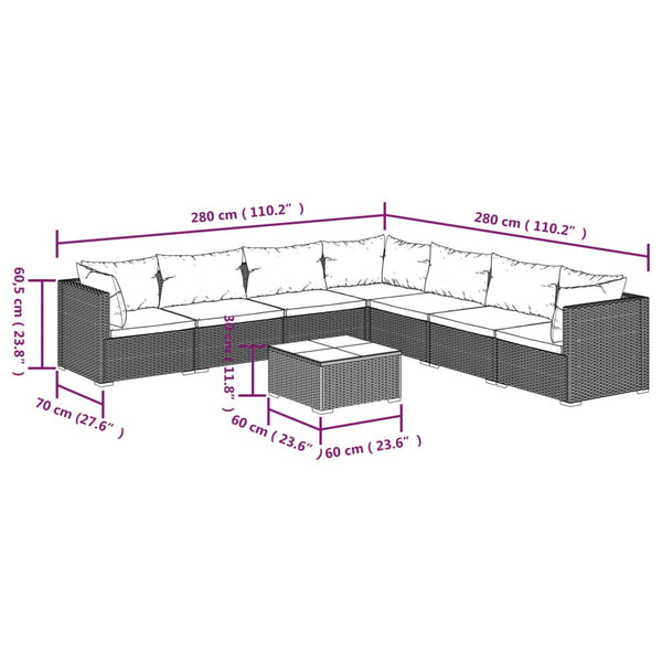 8-tlg. Garten-Lounge-Set mit Kissen Poly Rattan Grau