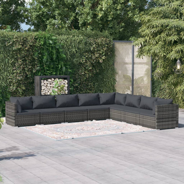 8-tlg. Garten-Lounge-Set mit Kissen Poly Rattan Grau