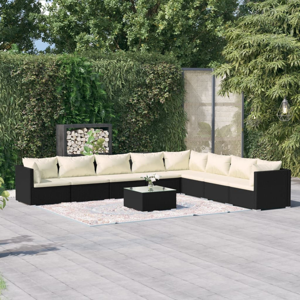 vidaXL Salon de jardin 9 pcs avec coussins résine tressée noir