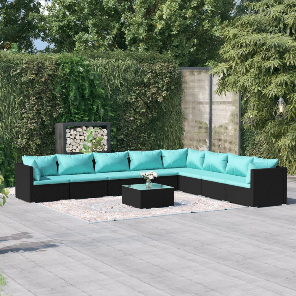 vidaXL Salon de jardin 9 pcs avec coussins résine tressée noir