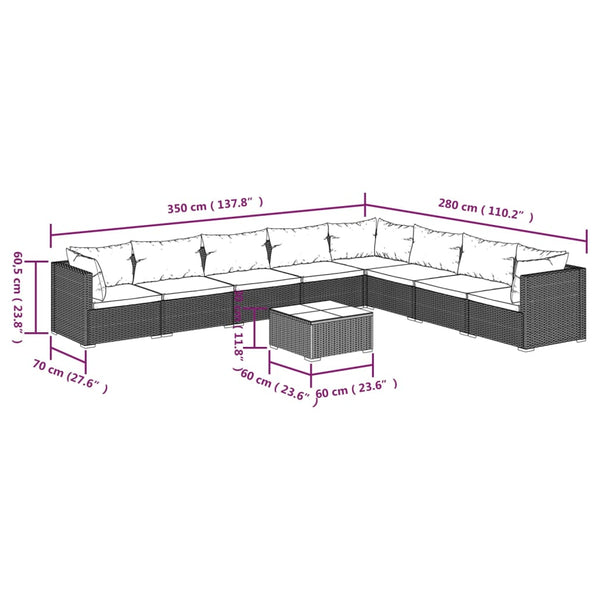 9-tlg. Garten-Lounge-Set mit Kissen Poly Rattan Grau