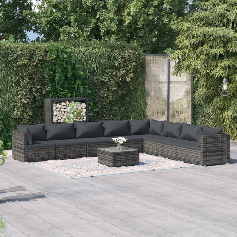 vidaXL Salon de jardin 9 pcs avec coussins résine tressée gris