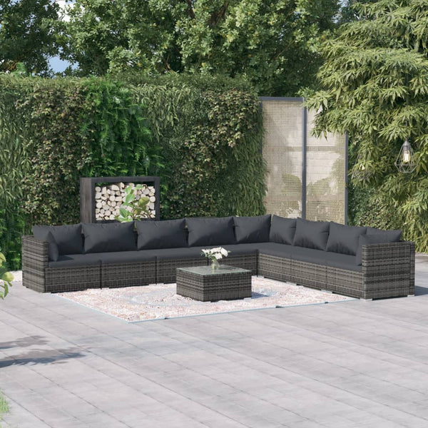 9-tlg. Garten-Lounge-Set mit Kissen Poly Rattan Grau