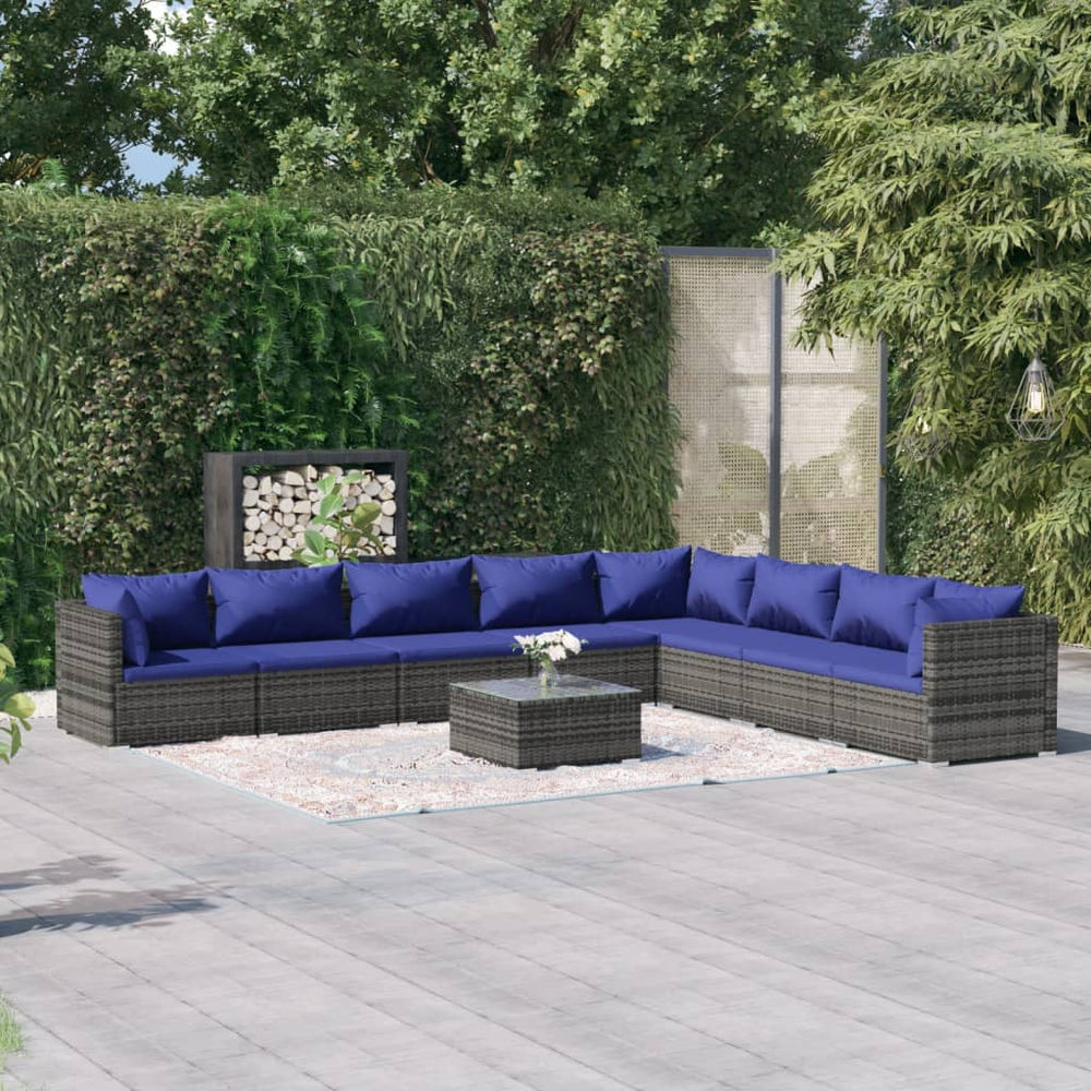 vidaXL Salon de jardin 9 pcs avec coussins résine tressée gris