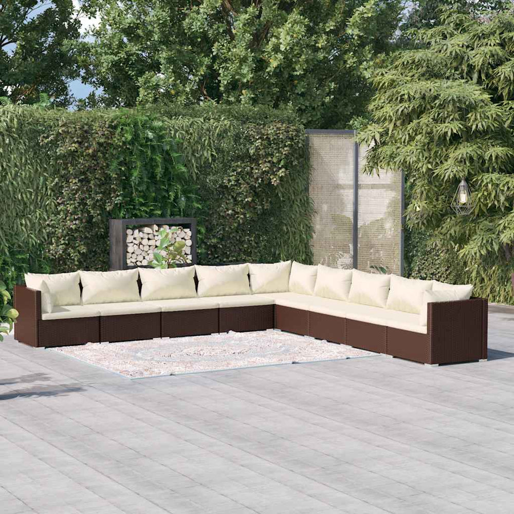 vidaXL Salon de jardin 9 pcs avec coussins résine tressée marron
