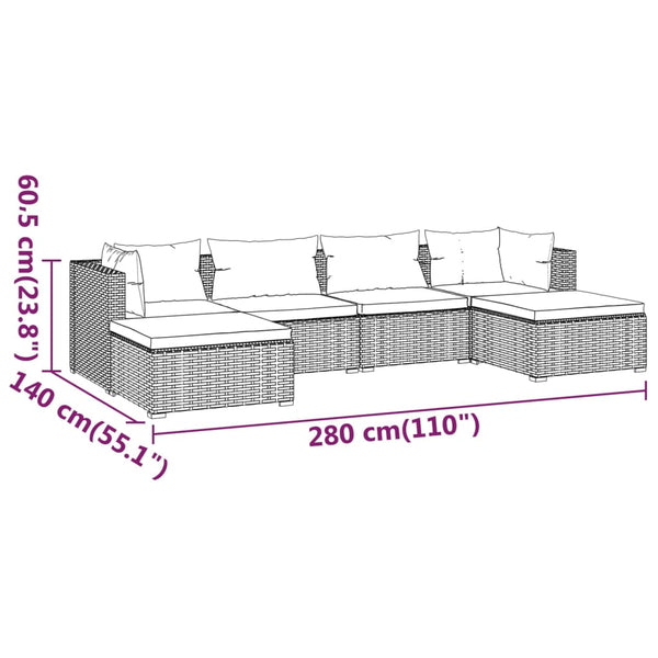 6-tlg. Garten-Lounge-Set mit Auflagen Poly Rattan Braun