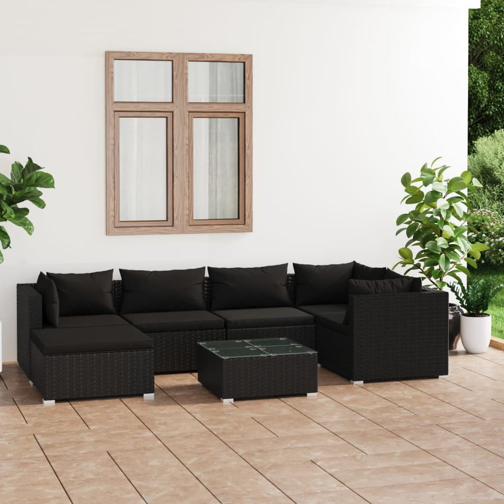 vidaXL Salon de jardin 7 pièces avec coussins résine tressée noir
