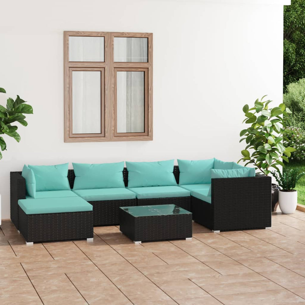 vidaXL Salon de jardin 7 pièces avec coussins résine tressée noir
