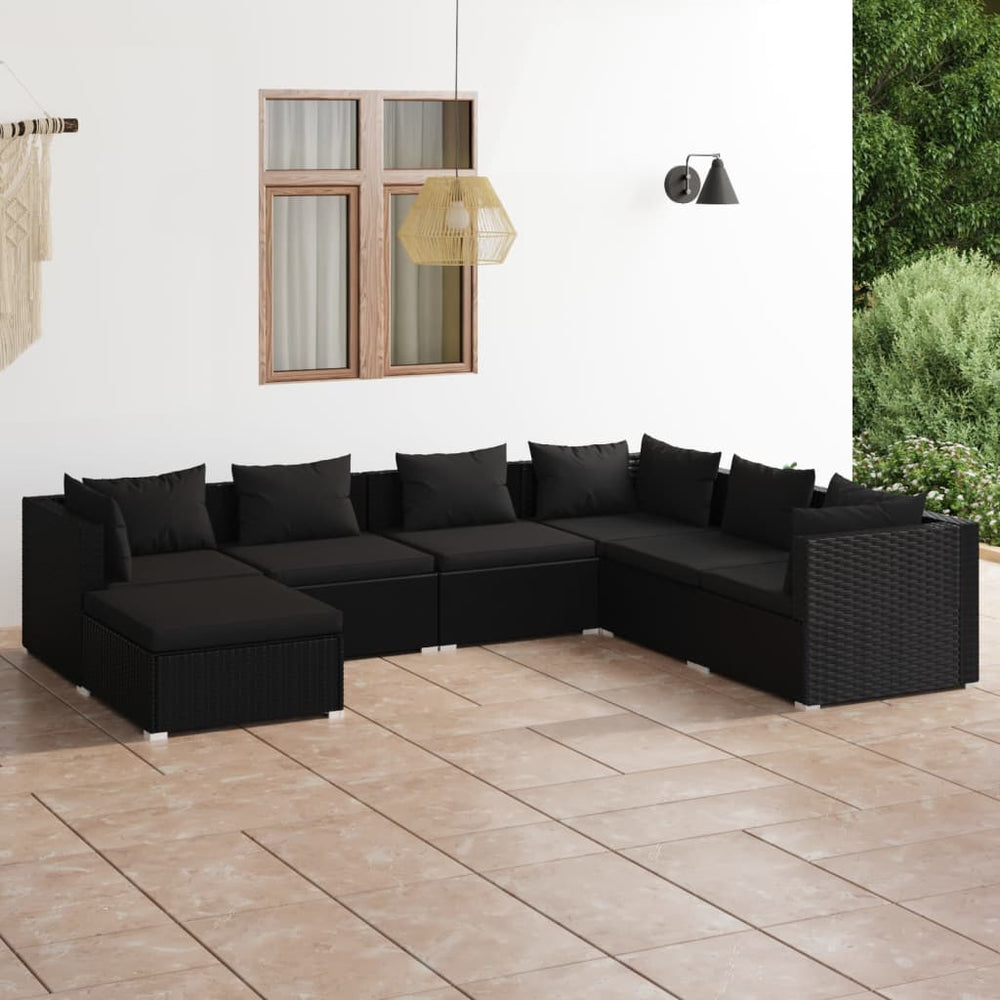 vidaXL Salon de jardin 7 pièces avec coussins résine tressée noir