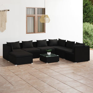 8-tlg. Garten-Lounge-Set mit Kissen Poly Rattan Schwarz