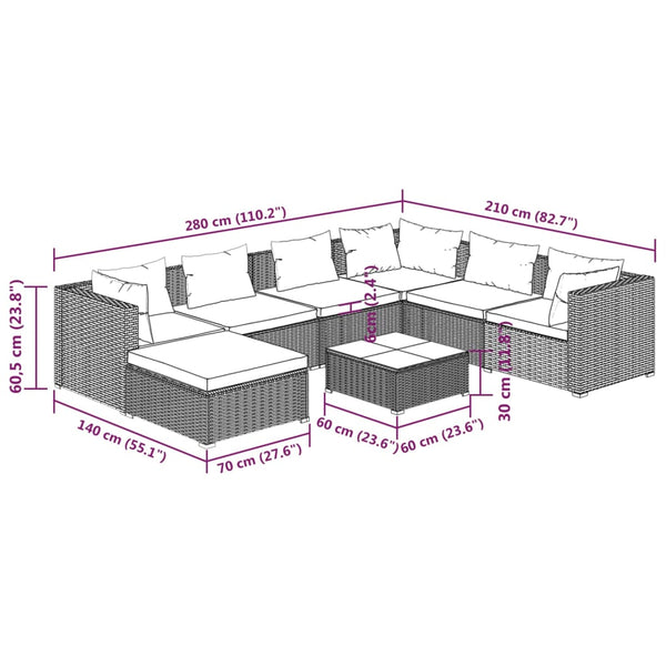 8-tlg. Garten-Lounge-Set mit Kissen Poly Rattan Schwarz